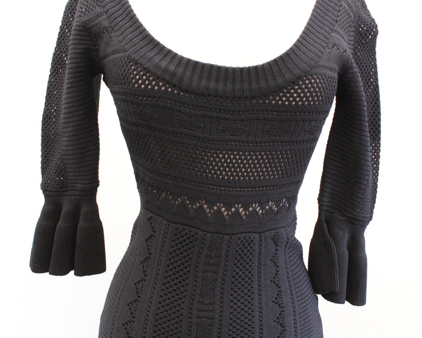 Alice McCall Black Eyelet Structured Knit Ruffle Bodycon Midi Dress Size 4