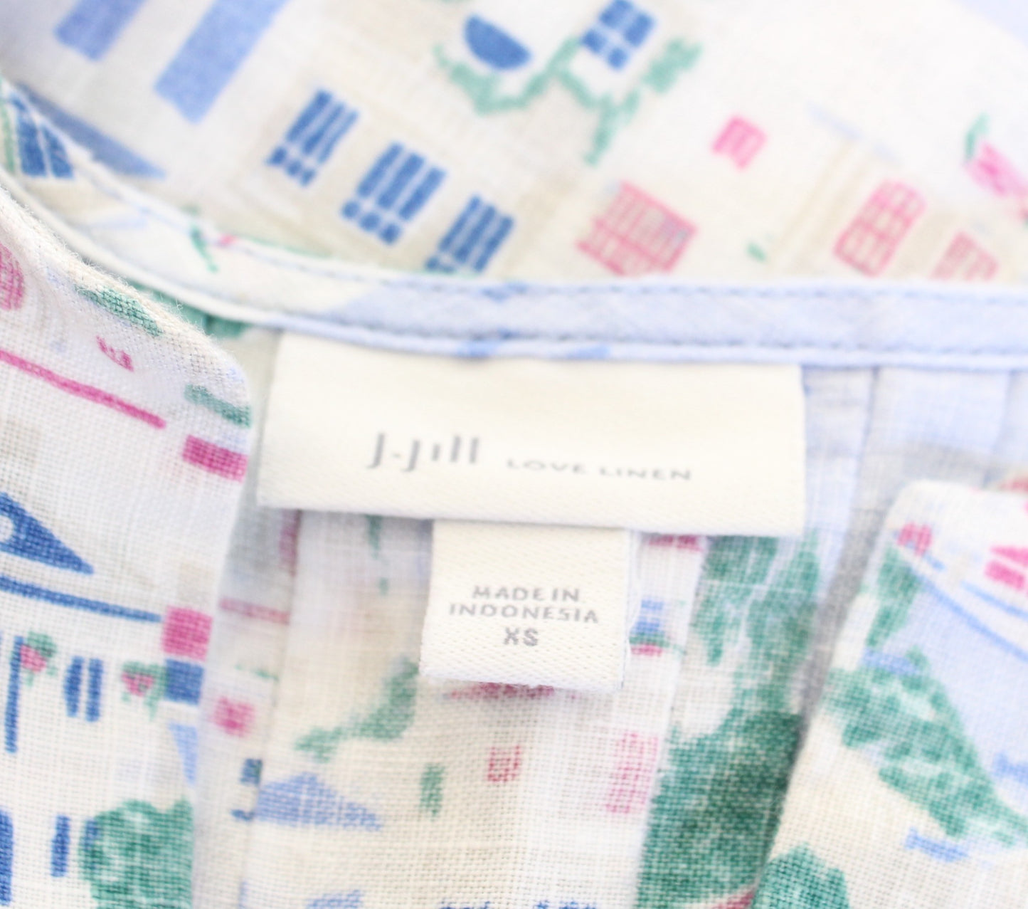 J Jill Love Linen Blue Toile Nautical Beach City Print Shift Dress Size XS