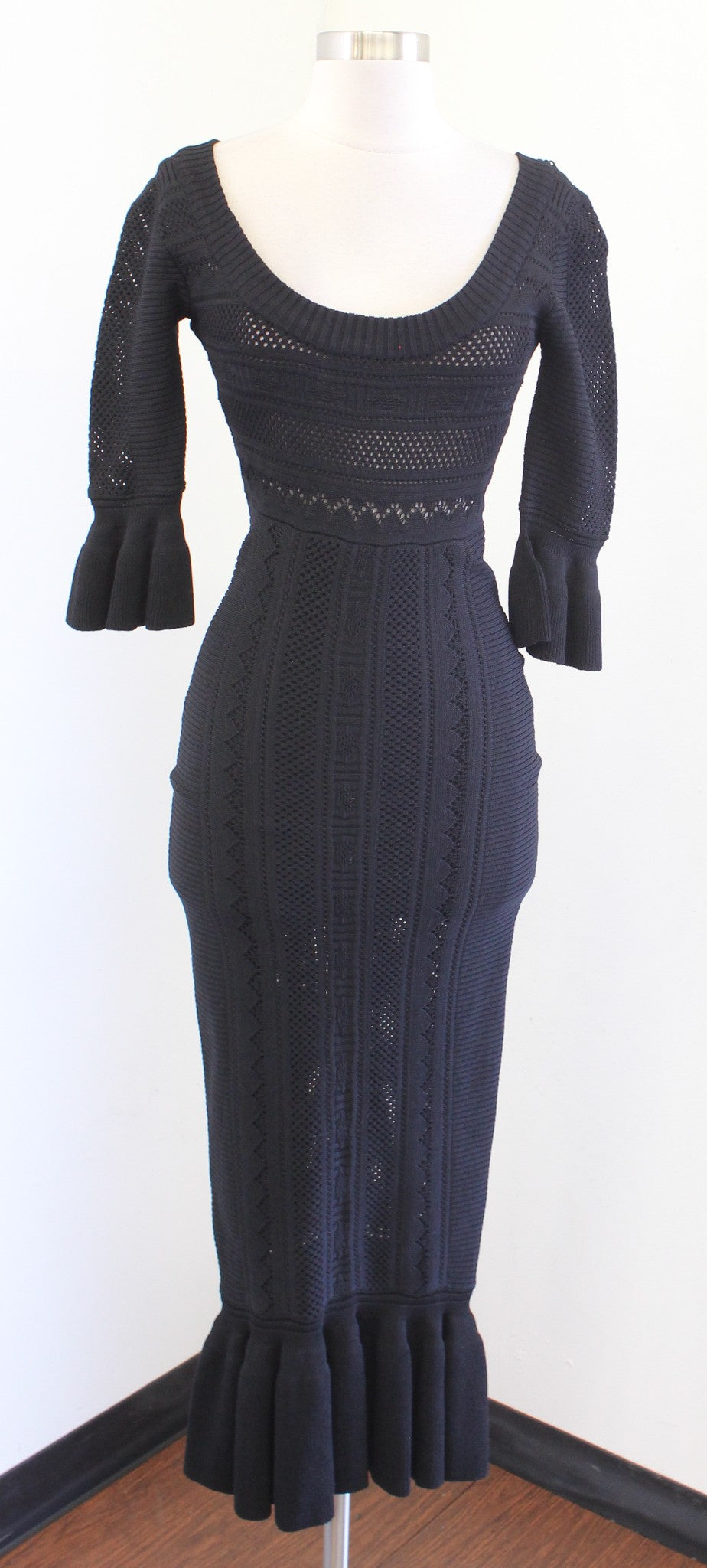 Alice McCall Black Eyelet Structured Knit Ruffle Bodycon Midi Dress Size 4