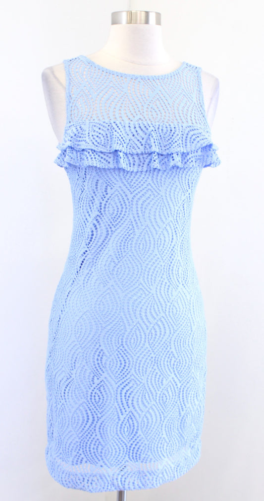 Lilly Pulitzer Janine Flowing Leaf Lace Ruffle Shift Dress Sz XXS 2XS Blue Peri