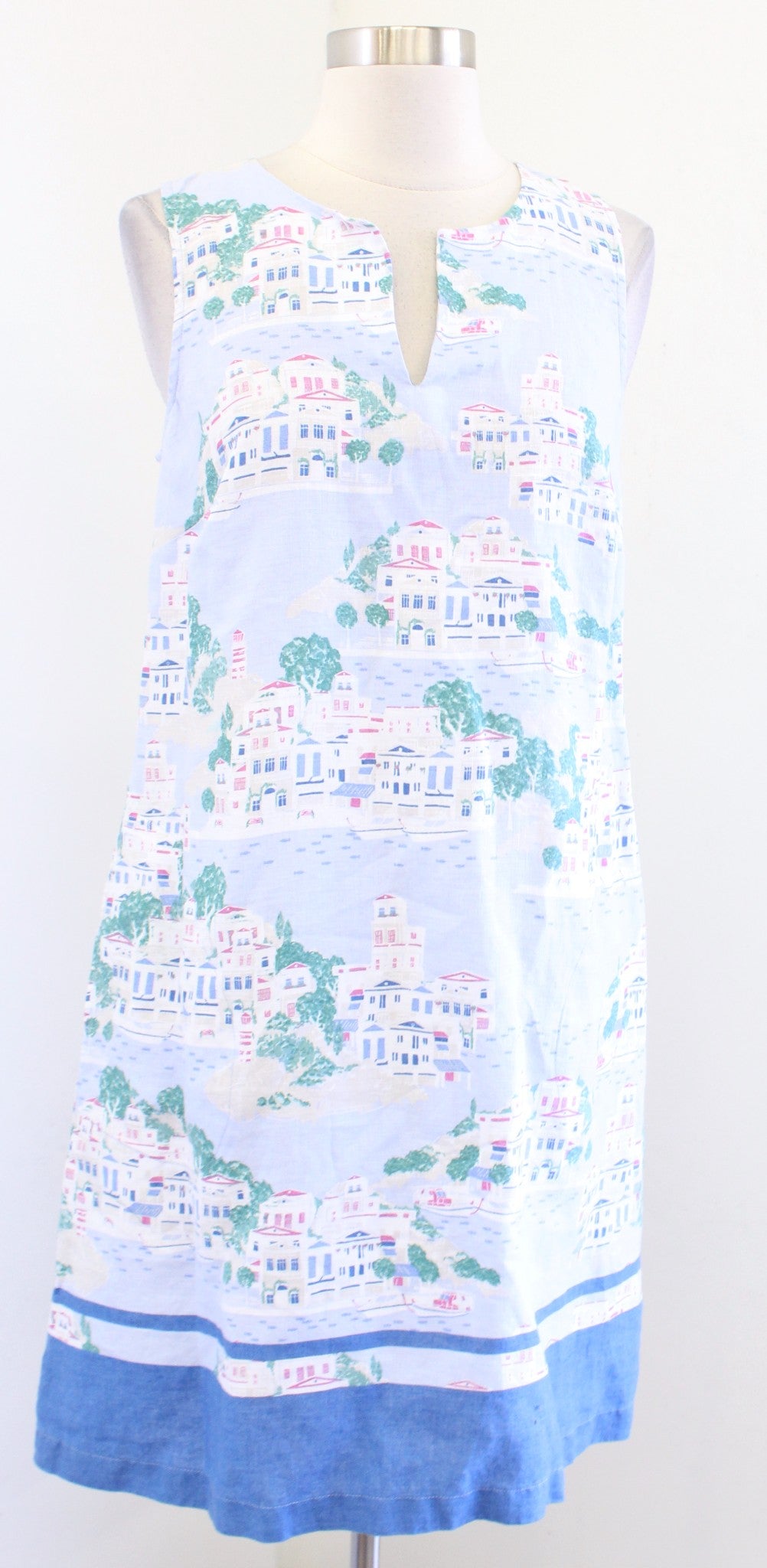 J Jill Love Linen Blue Toile Nautical Beach City Print Shift Dress Size XS