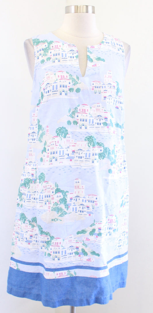 J Jill Love Linen Blue Toile Nautical Beach City Print Shift Dress Size XS