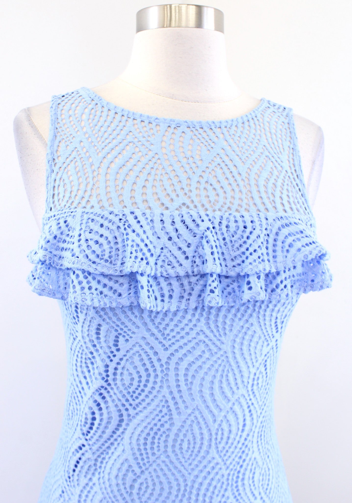 Lilly Pulitzer Janine Flowing Leaf Lace Ruffle Shift Dress Sz XXS 2XS Blue Peri