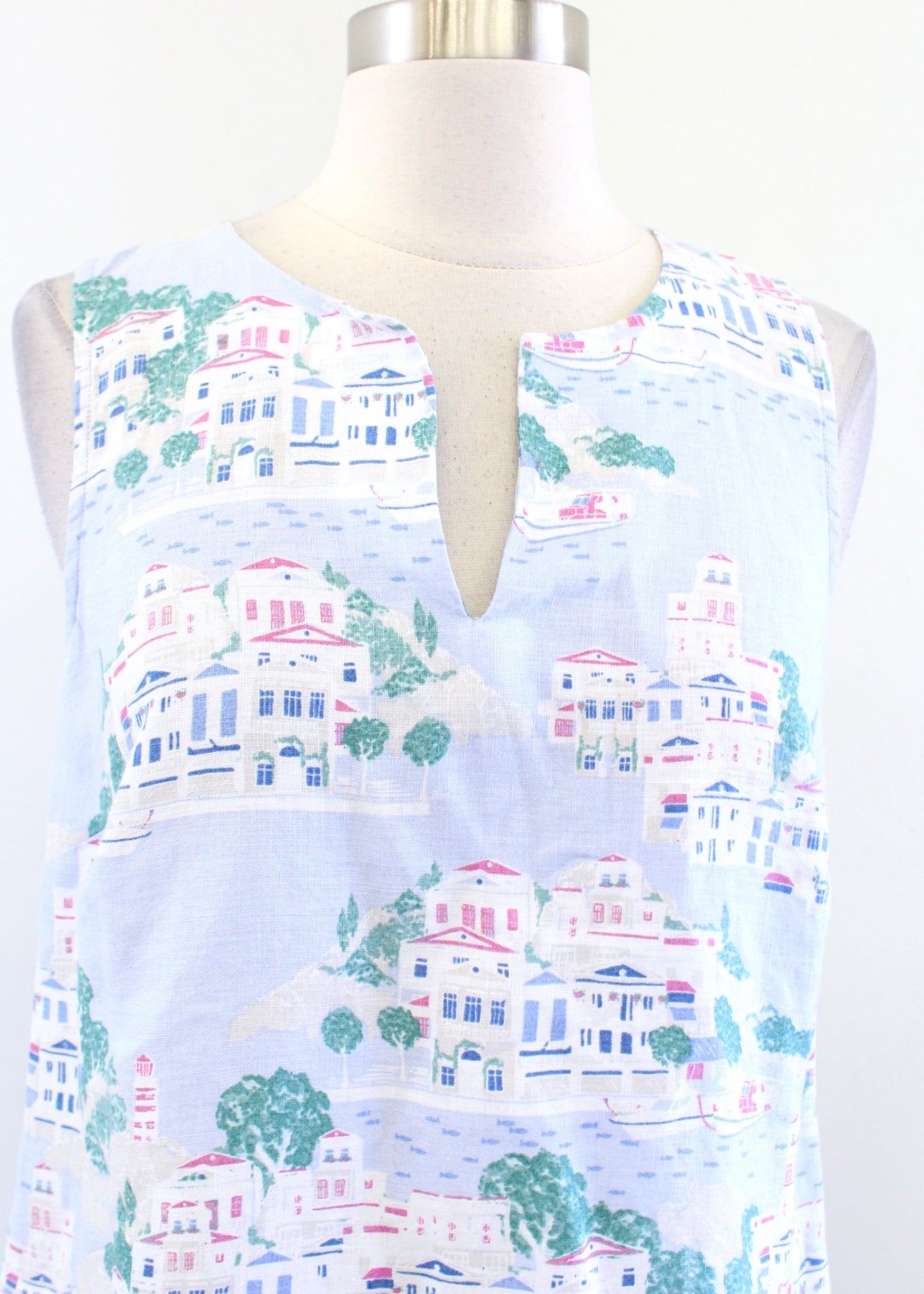 J Jill Love Linen Blue Toile Nautical Beach City Print Shift Dress Size XS