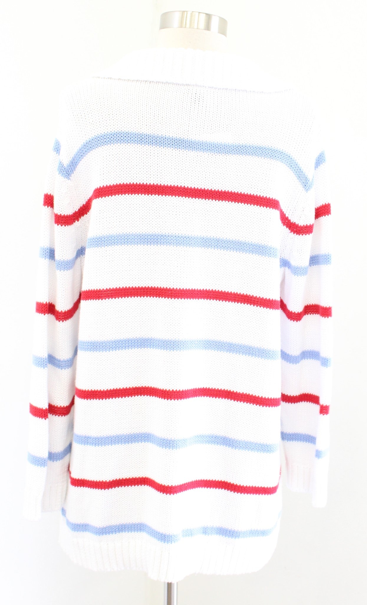 NWT Talbots Womens White Red Blue Striped Johnny Collar Pullover Sweater Size L