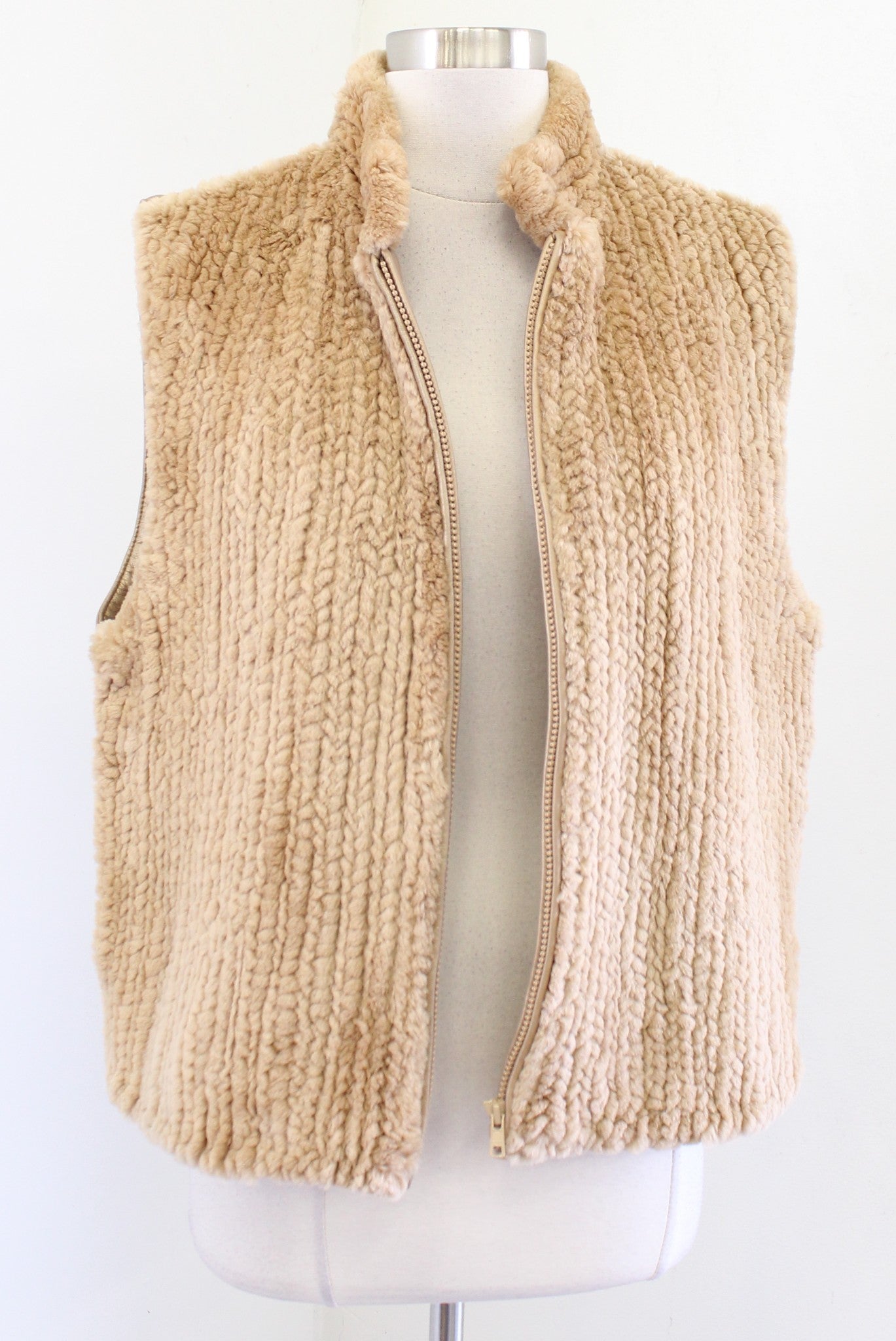 Vintage Henig Furs Tan-Gold Leather and Fur Zip Front Womens Vest Size XL