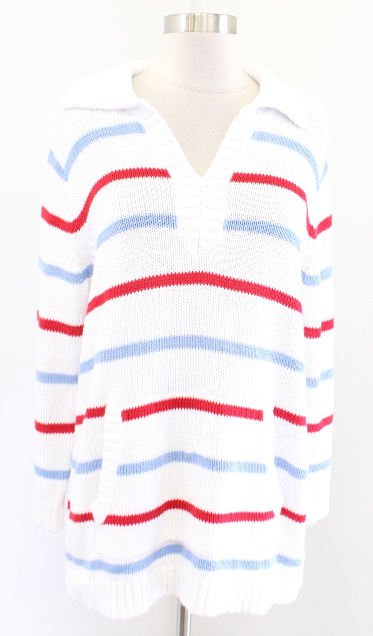 NWT Talbots Womens White Red Blue Striped Johnny Collar Pullover Sweater Size L