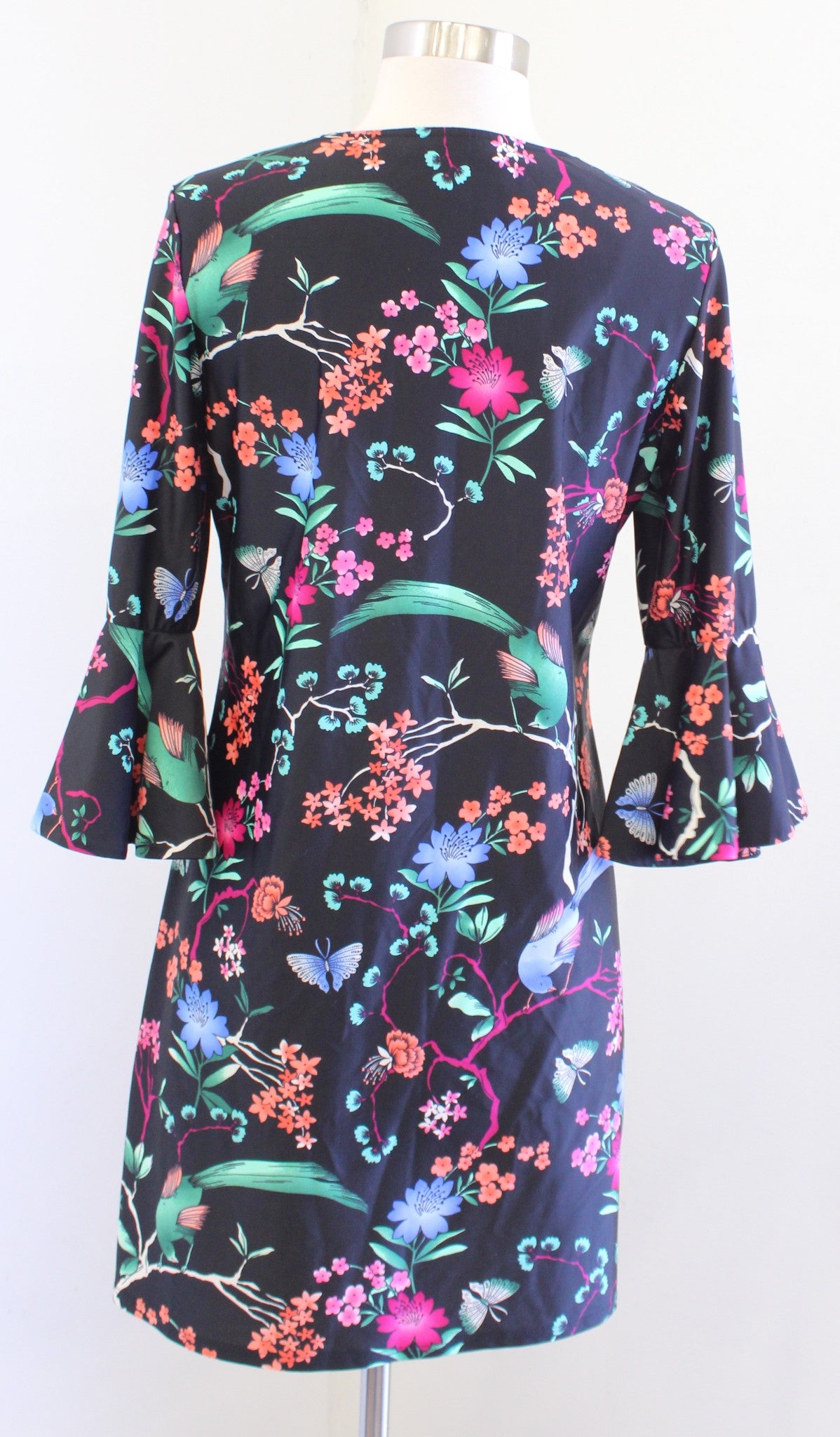 Jude Connally Black Bell Sleeve Floral Bird Butterfly Print Dress Size S Shift