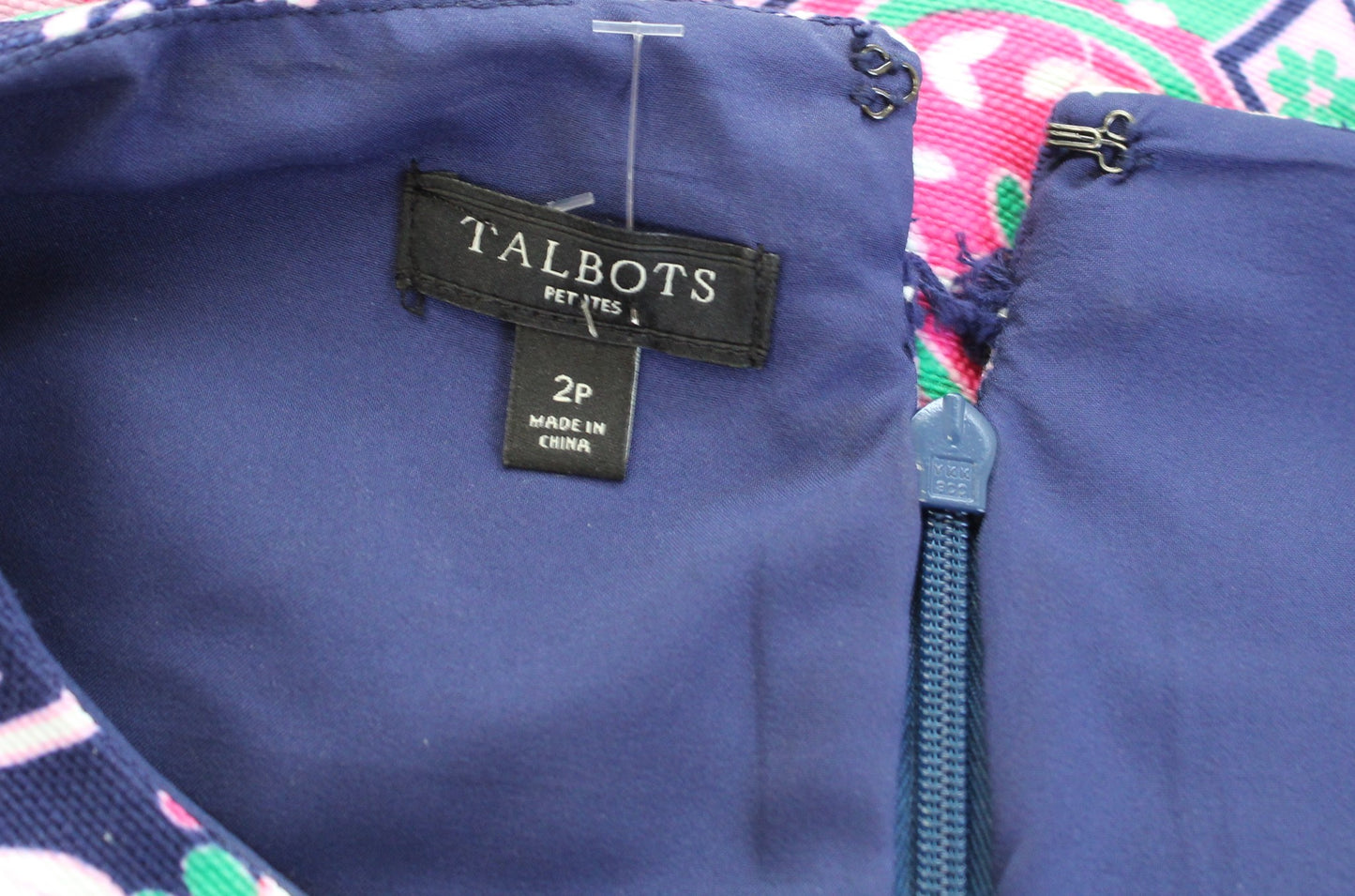 Talbots Green Pink Navy Floral Striped Fringe Trim Shift Dress Size 2P Geometric