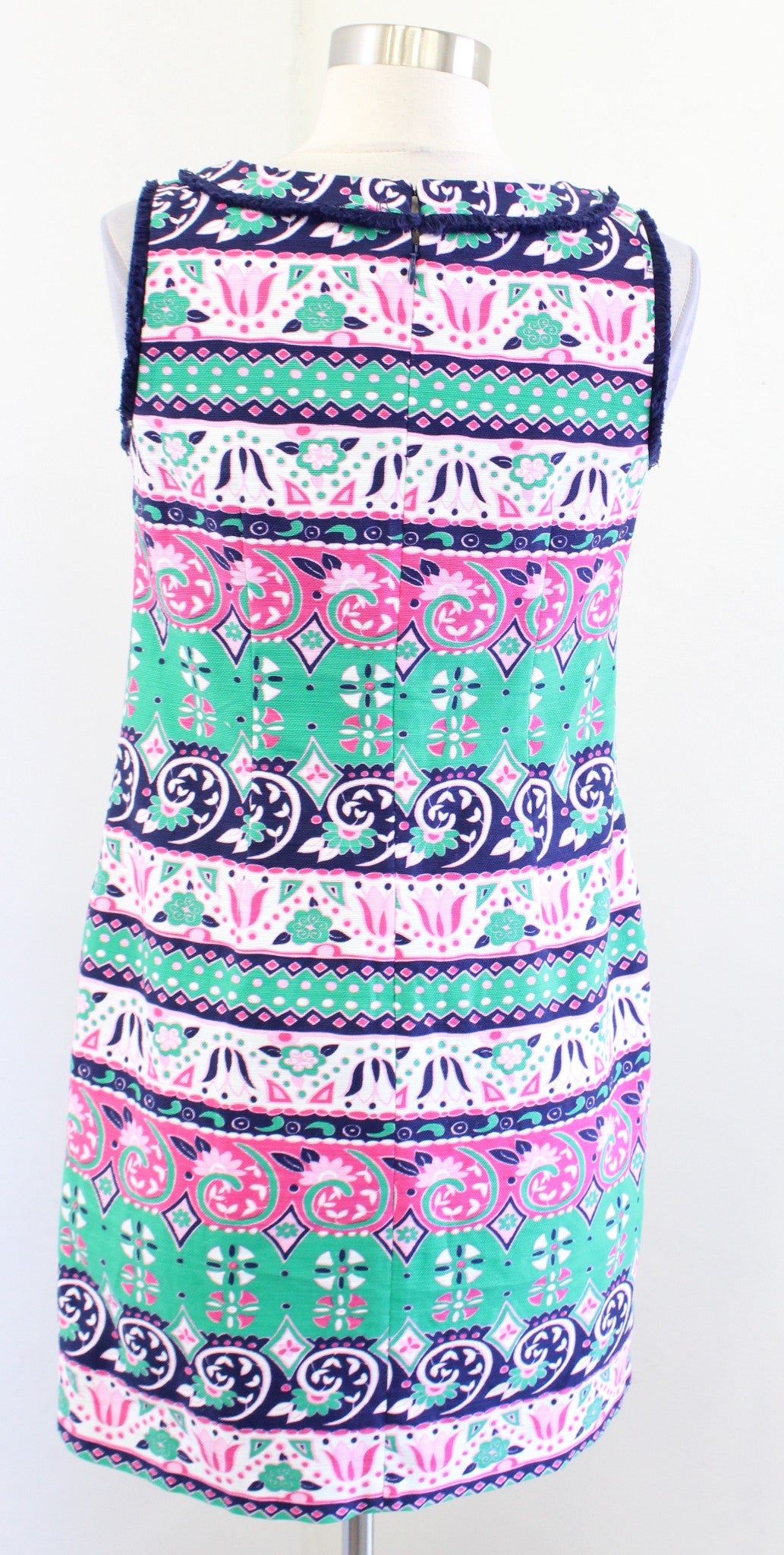 Talbots Green Pink Navy Floral Striped Fringe Trim Shift Dress Size 2P Geometric
