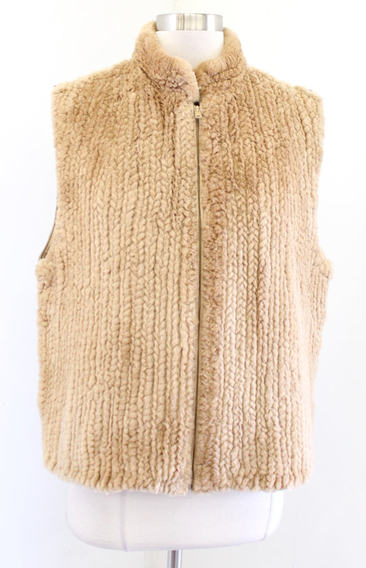 Vintage Henig Furs Tan-Gold Leather and Fur Zip Front Womens Vest Size XL