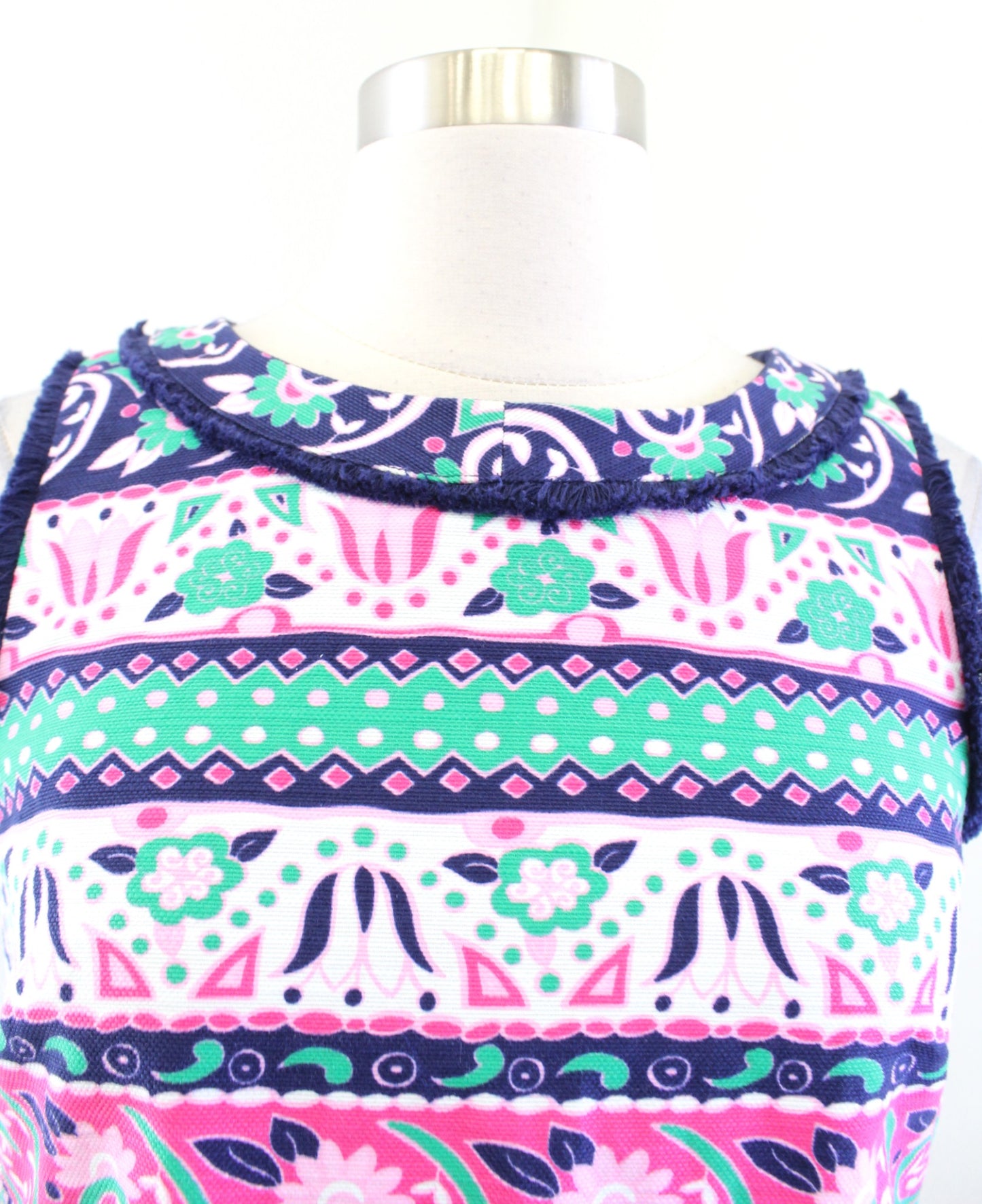Talbots Green Pink Navy Floral Striped Fringe Trim Shift Dress Size 2P Geometric