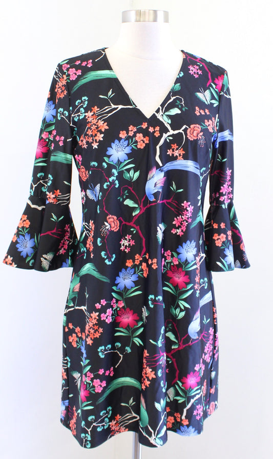 Jude Connally Black Bell Sleeve Floral Bird Butterfly Print Dress Size S Shift