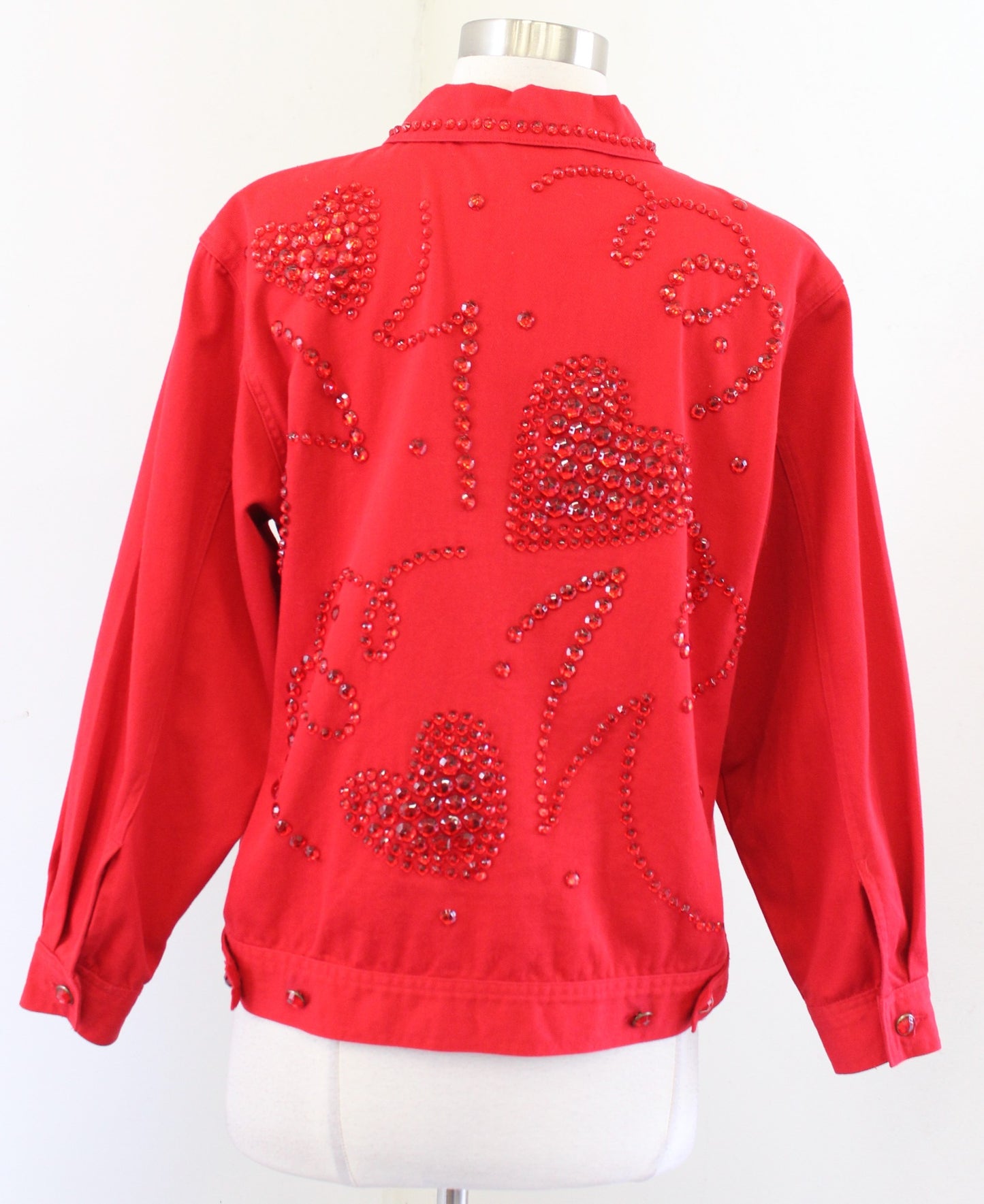 Vtg 90s Red Jewel Beaded Heart Embellished Trucker Jacket Size 4 S Valentines