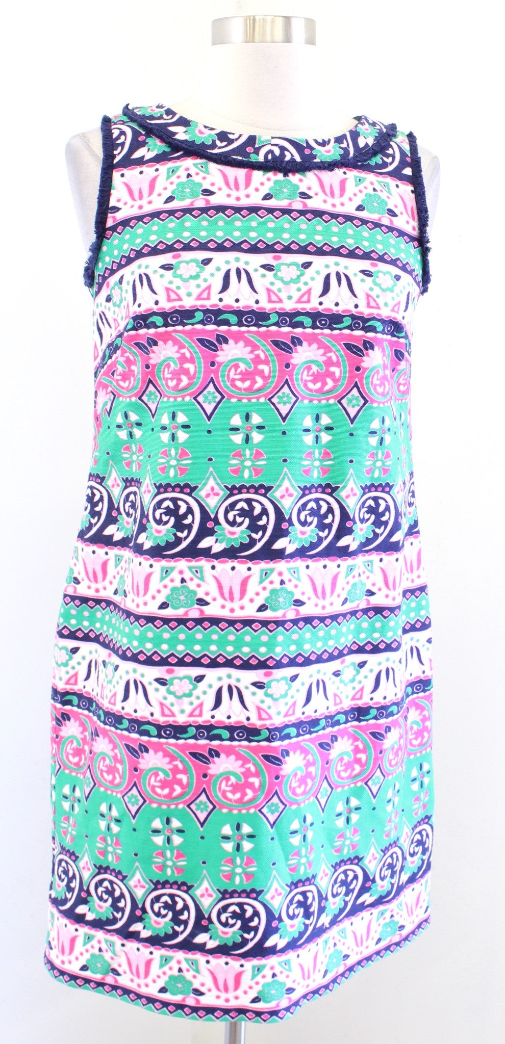 Talbots Green Pink Navy Floral Striped Fringe Trim Shift Dress Size 2P Geometric