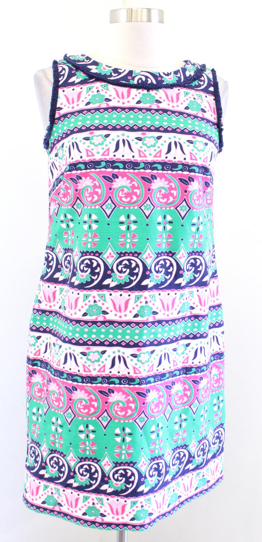 Talbots Green Pink Navy Floral Striped Fringe Trim Shift Dress Size 2P Geometric