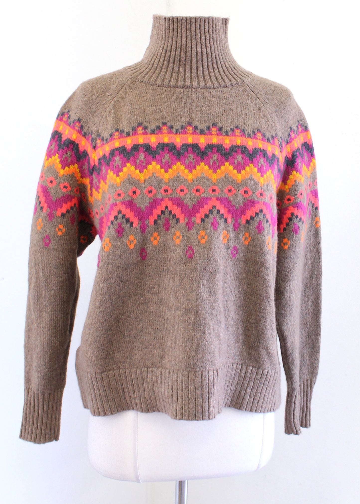 NWT Lou & Grey by Loft Brown Vibrant Fair Isle Turtleneck Sweater Size S Wool