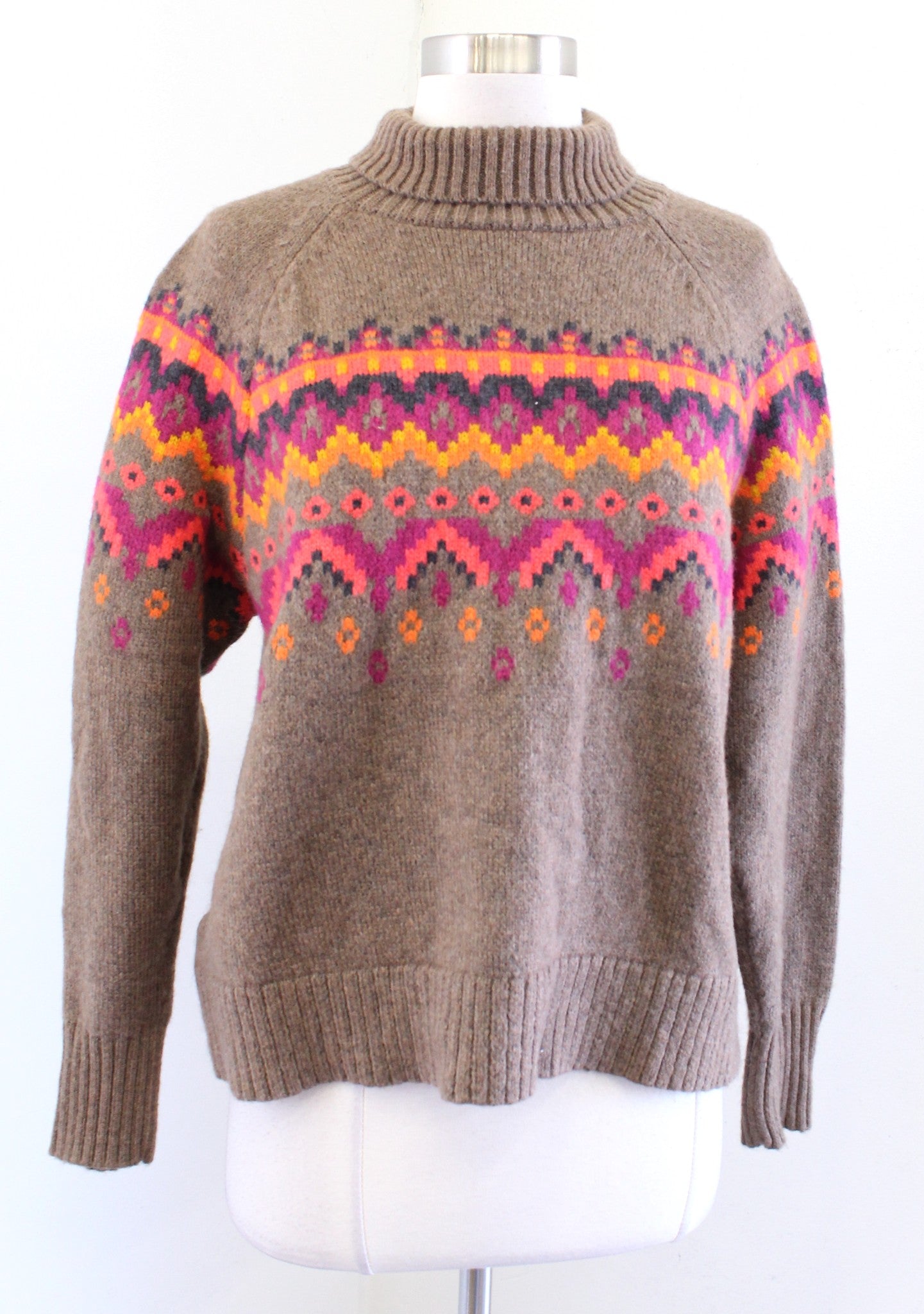 NWT Lou & Grey by Loft Brown Vibrant Fair Isle Turtleneck Sweater Size S Wool