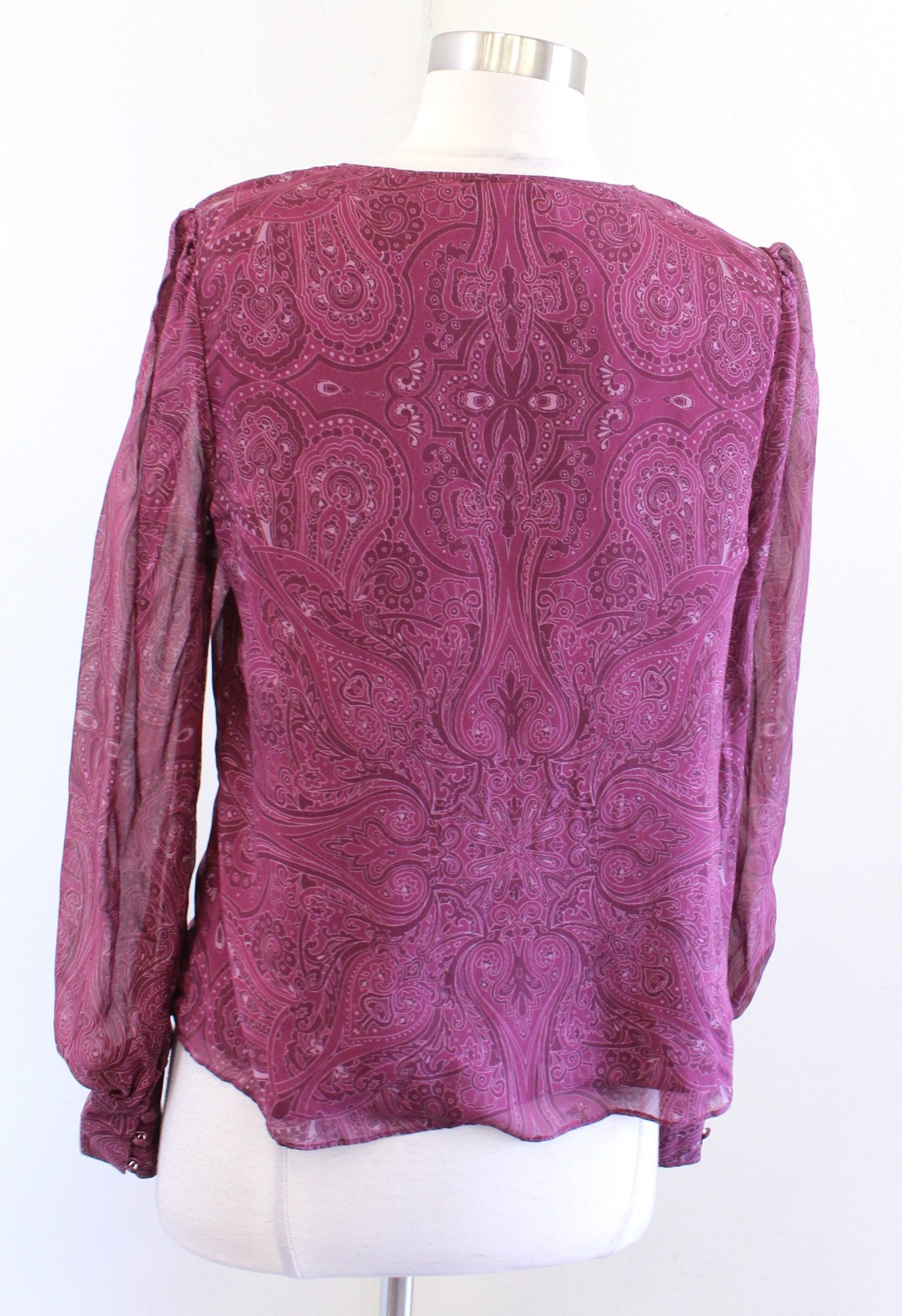 Intermix Kiera Burgundy Silk Paisley Print Keyhole Top Blouse Size S Long Sleeve