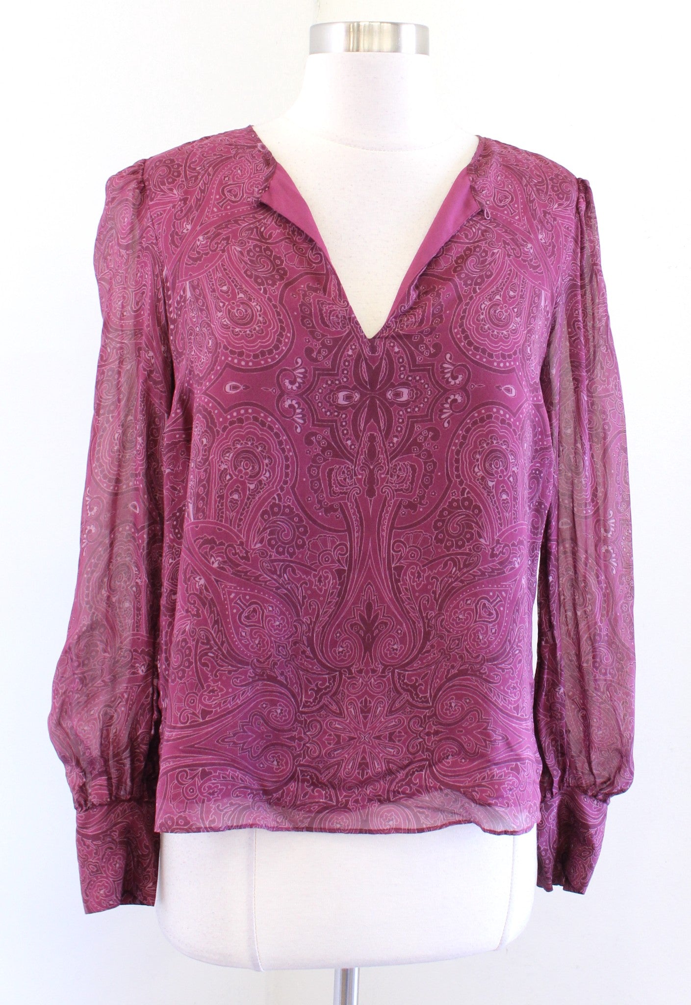 Intermix Kiera Burgundy Silk Paisley Print Keyhole Top Blouse Size S Long Sleeve