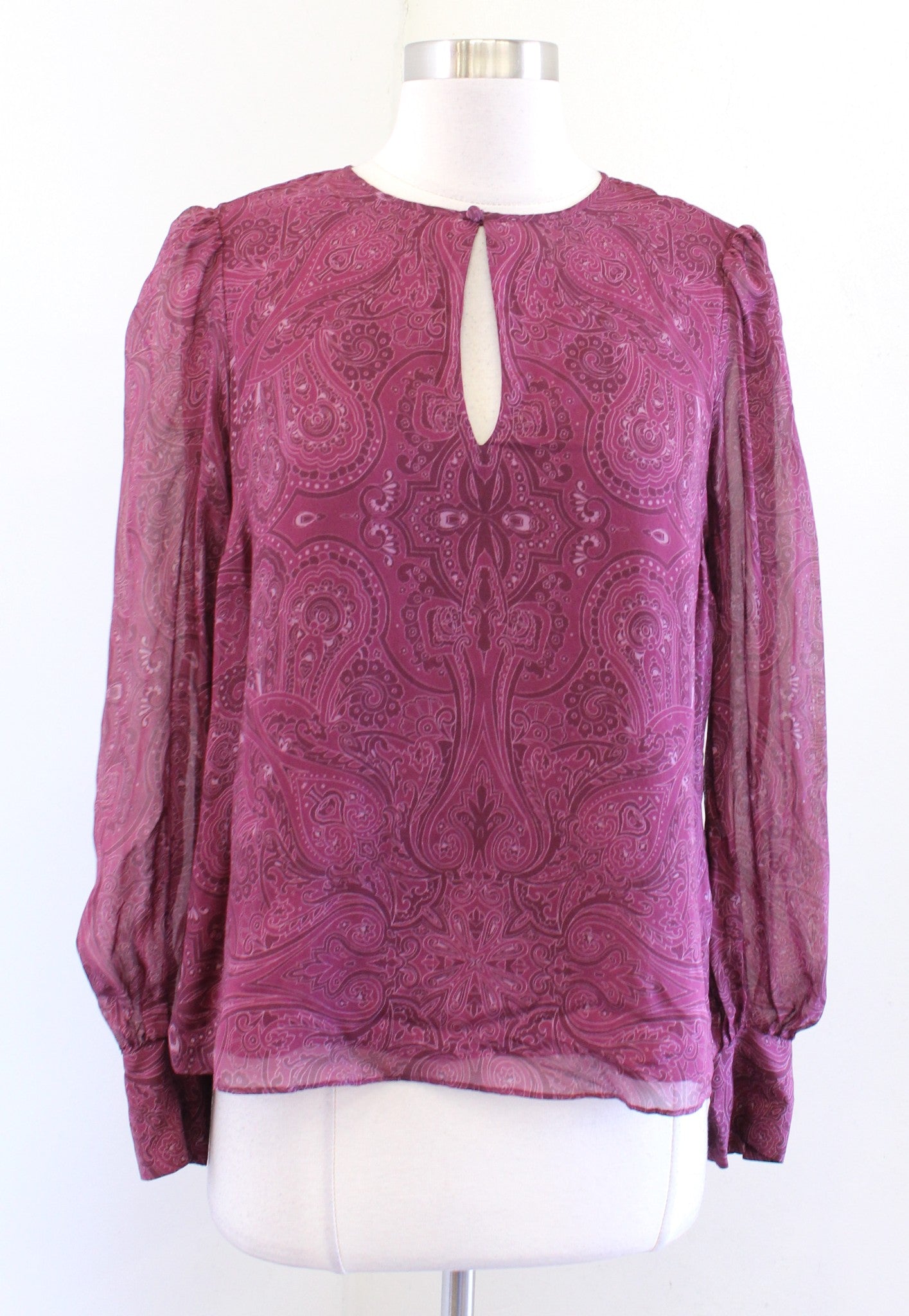 Intermix Kiera Burgundy Silk Paisley Print Keyhole Top Blouse Size S Long Sleeve