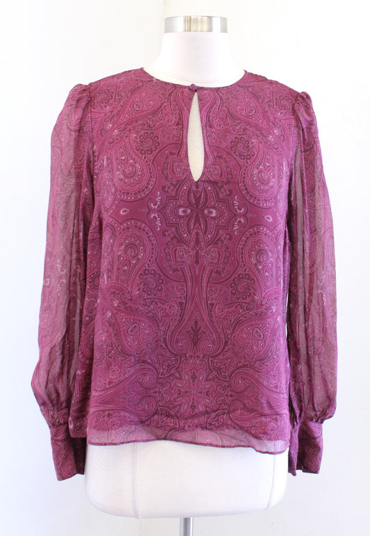 Intermix Kiera Burgundy Silk Paisley Print Keyhole Top Blouse Size S Long Sleeve