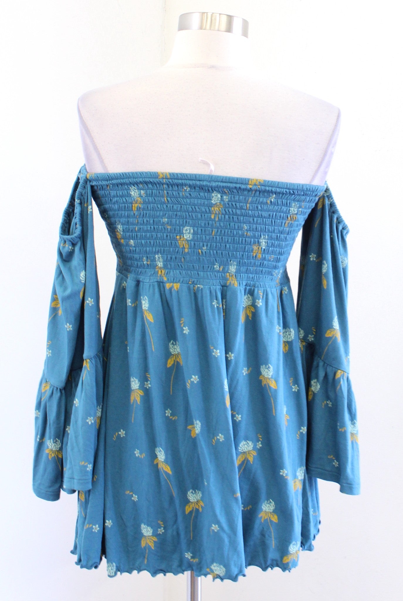 Free People Lana Teal Blue Floral Smocked Off the Shoulder Bell Sleeve Top Sz S