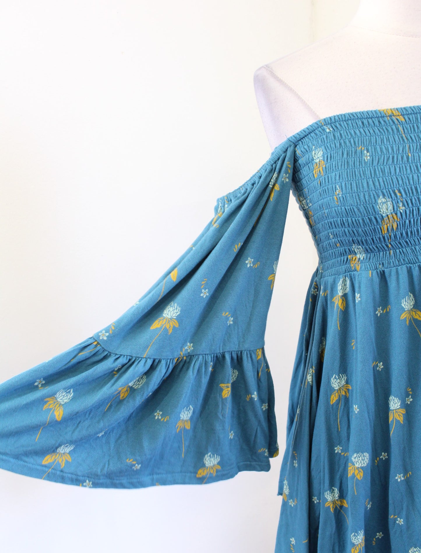 Free People Lana Teal Blue Floral Smocked Off the Shoulder Bell Sleeve Top Sz S
