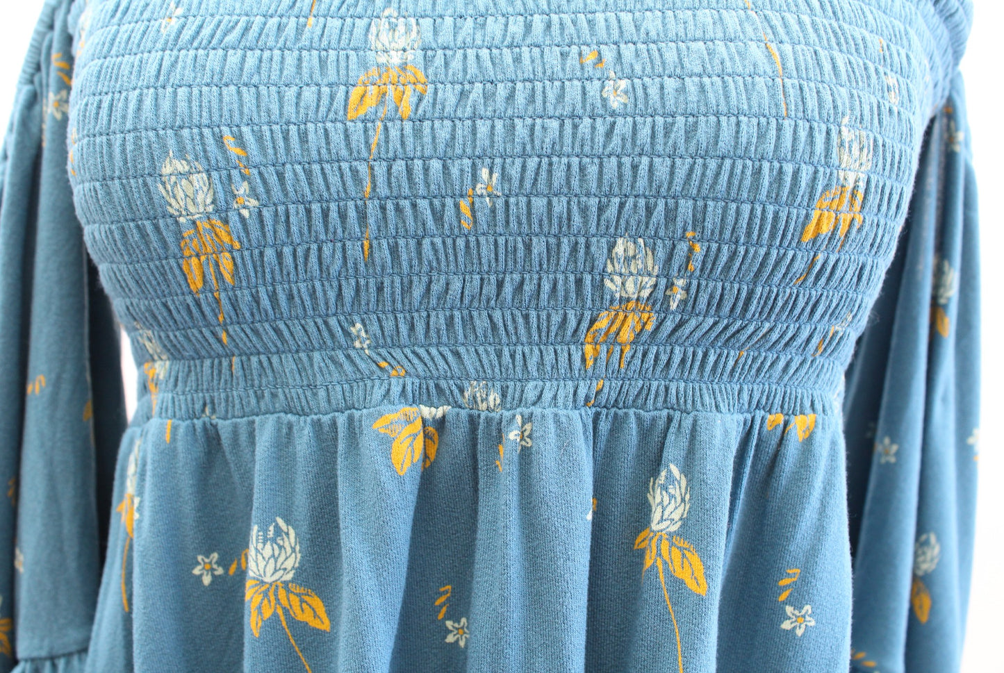 Free People Lana Teal Blue Floral Smocked Off the Shoulder Bell Sleeve Top Sz S