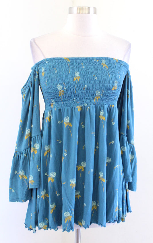 Free People Lana Teal Blue Floral Smocked Off the Shoulder Bell Sleeve Top Sz S