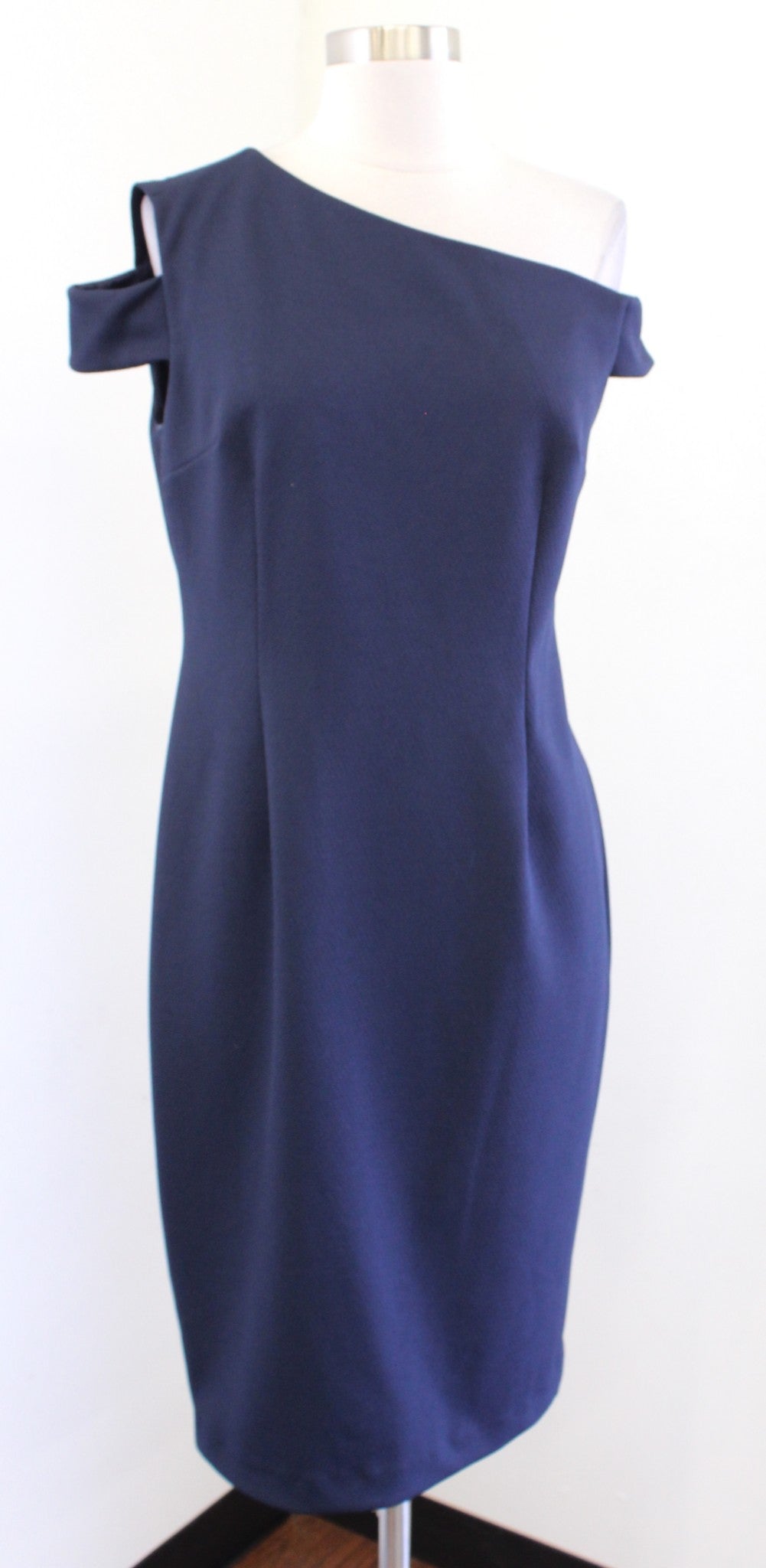 Trina Turk Enchantment Navy Blue Textured One Shoulder Sheath Dress Asymmetric 6