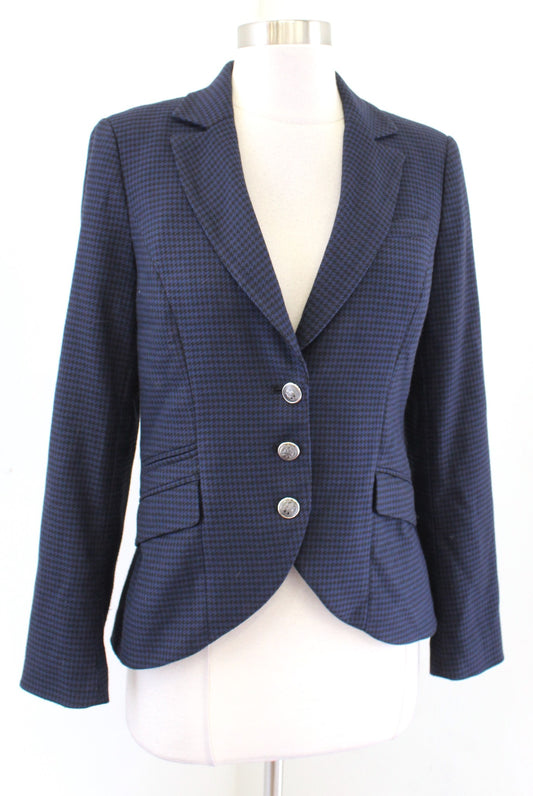 White House Black Market Womens Navy Blue Black Houndstooth Blazer Jacket Size 2