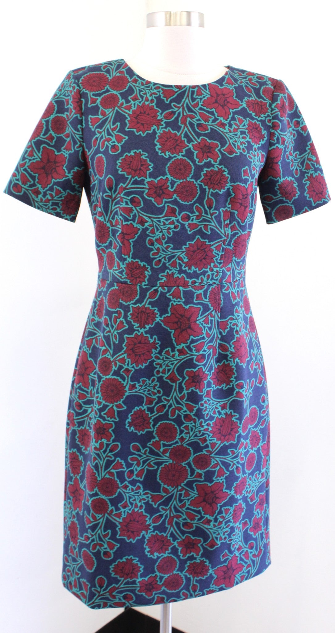 J Crew Factory Floral Print Short Sleeve Sheath Dress Size 2 Navy Blue Green Red