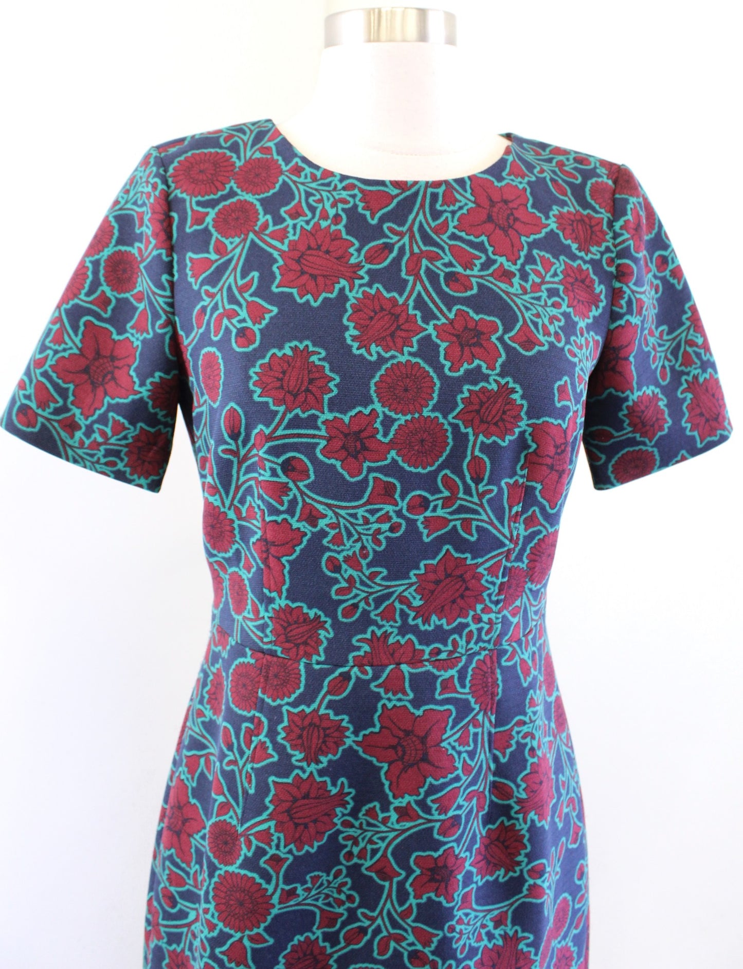 J Crew Factory Floral Print Short Sleeve Sheath Dress Size 2 Navy Blue Green Red