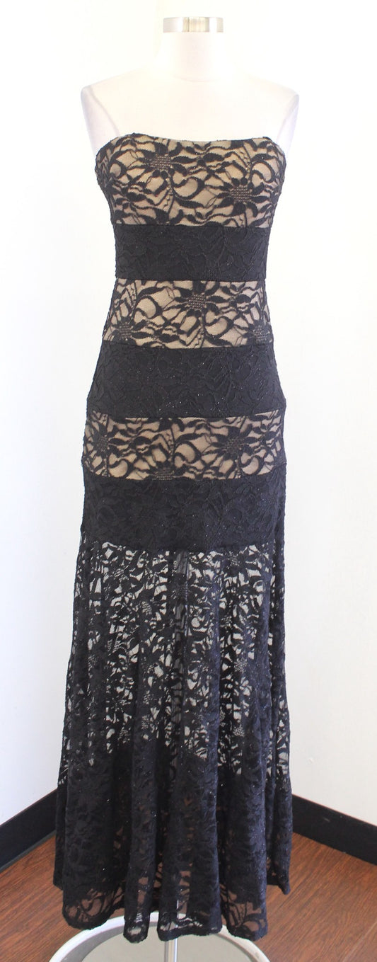 Black Nude Sparkly Shimmer Lace Hi Lo Strapless Dress Sz 9 10 / S Y2k 2000s Prom