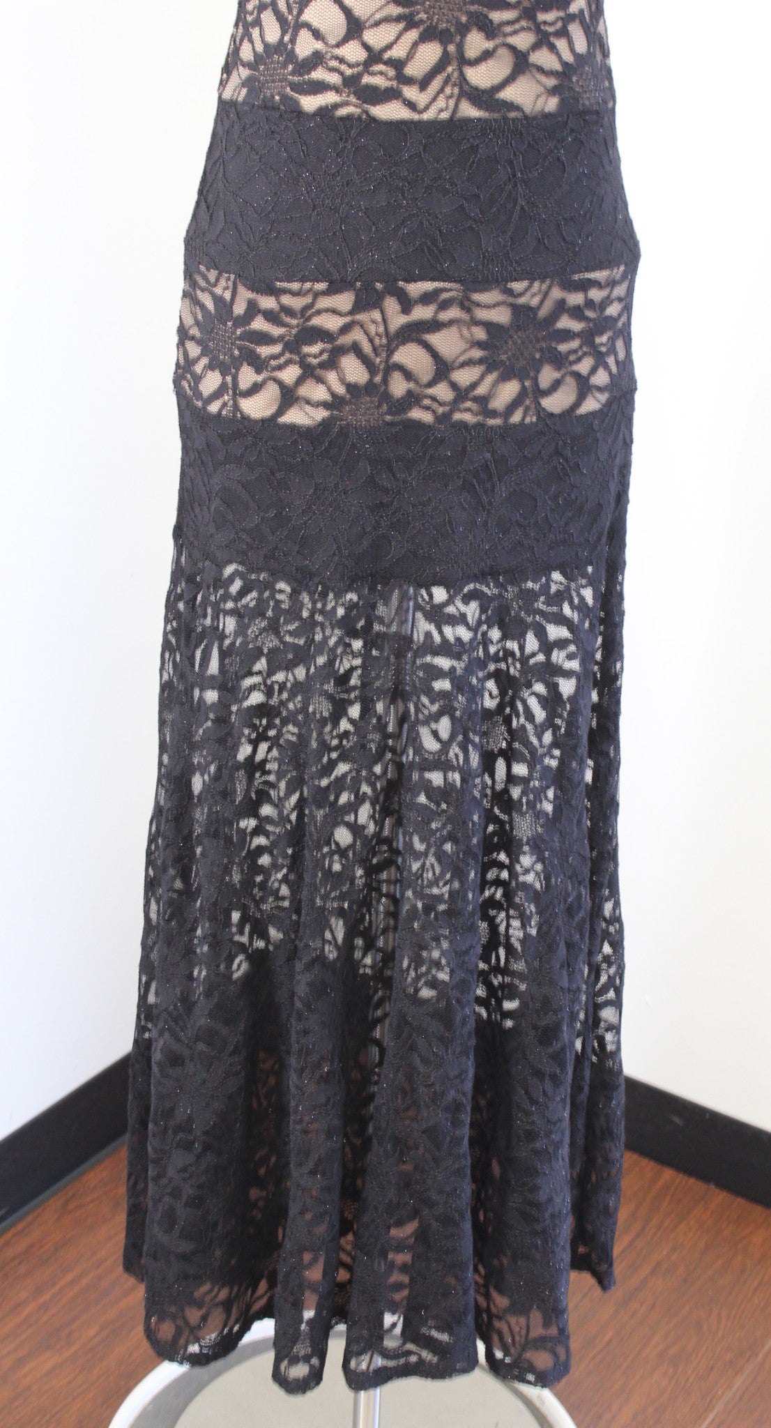 Black Nude Sparkly Shimmer Lace Hi Lo Strapless Dress Sz 9 10 / S Y2k 2000s Prom
