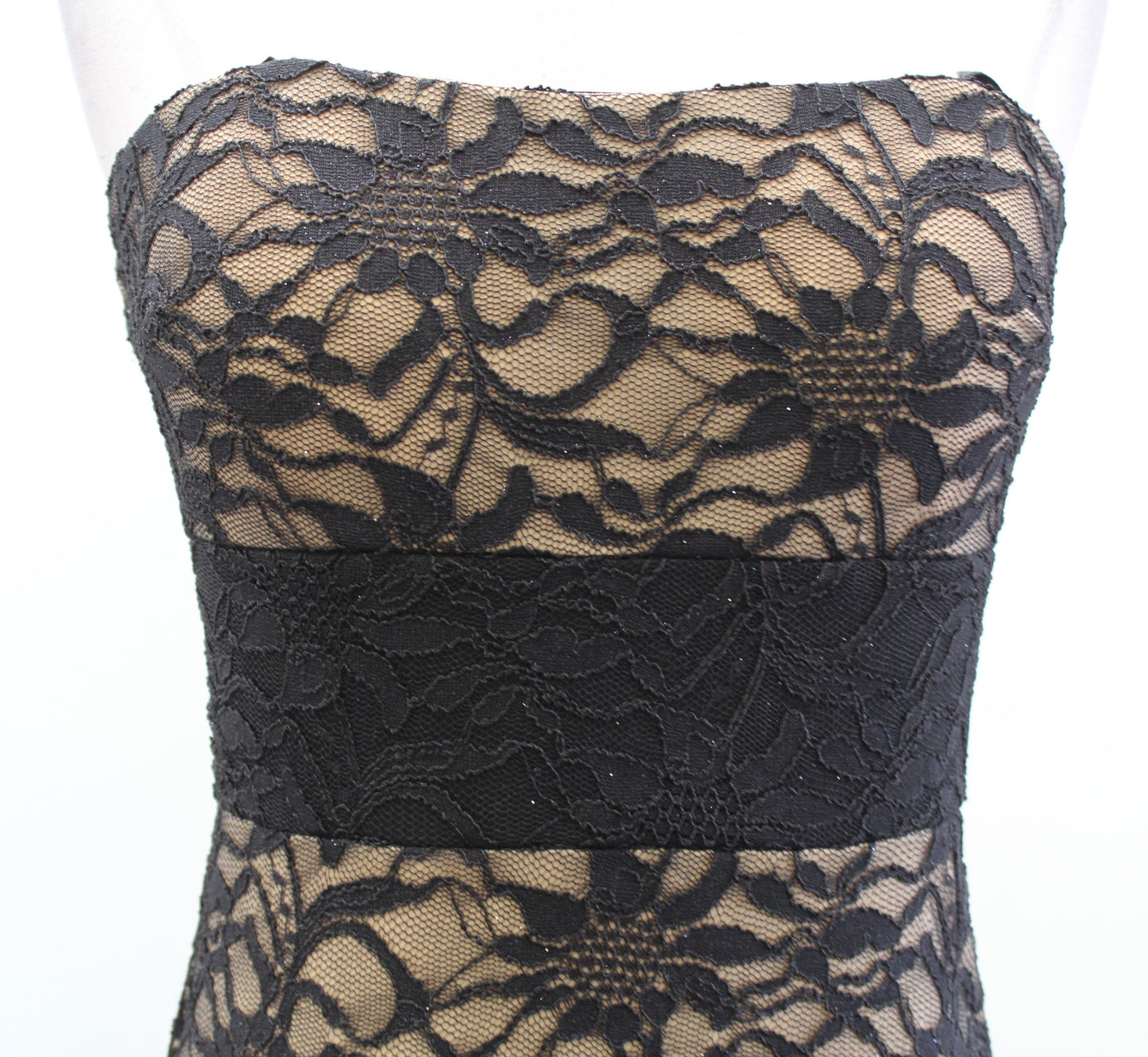 Black Nude Sparkly Shimmer Lace Hi Lo Strapless Dress Sz 9 10 / S Y2k 2000s Prom