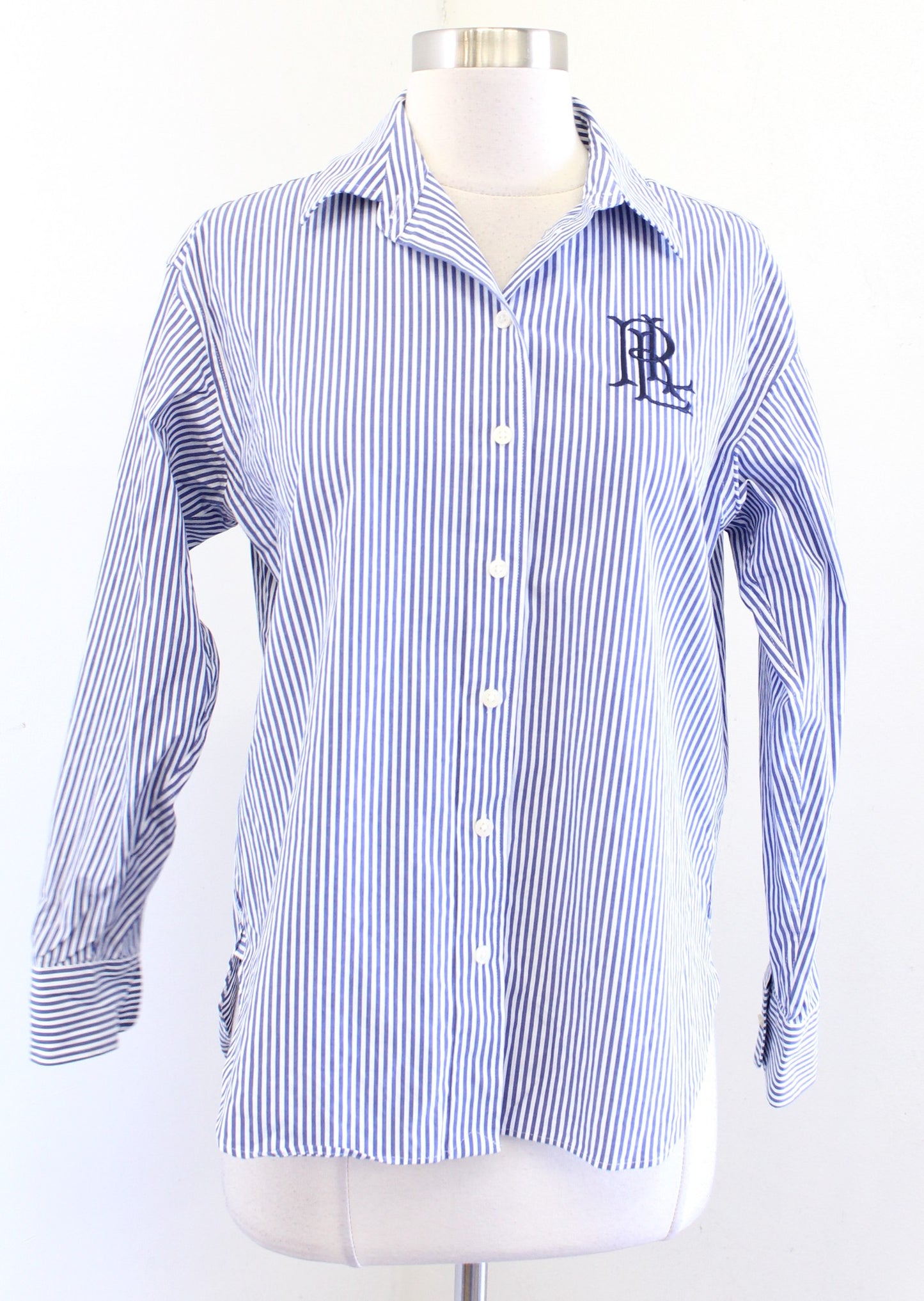 Lauren Ralph Lauren Blue Striped Logo Crest Embroidered Button Down Shirt PS SP