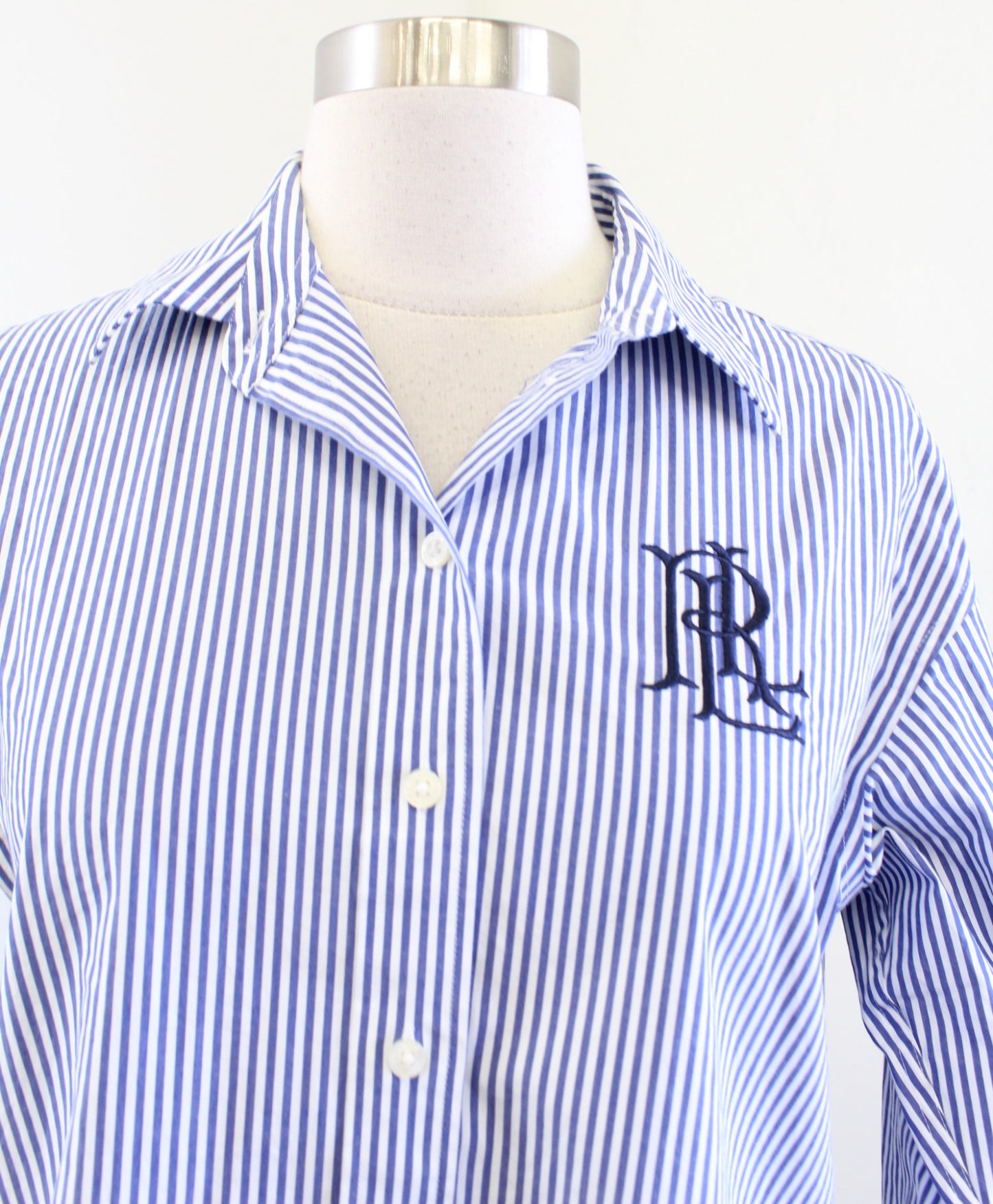 Lauren Ralph Lauren Blue Striped Logo Crest Embroidered Button Down Shirt PS SP