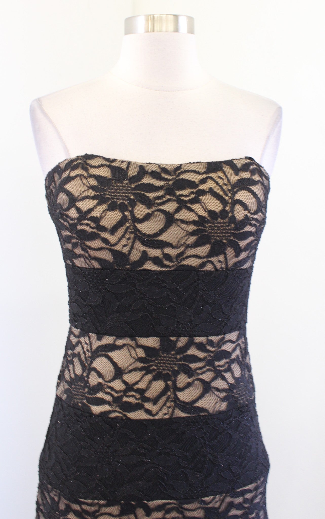 Black Nude Sparkly Shimmer Lace Hi Lo Strapless Dress Sz 9 10 / S Y2k 2000s Prom