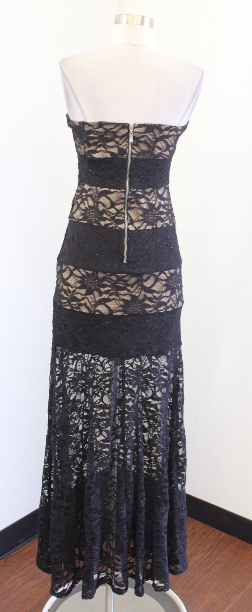 Black Nude Sparkly Shimmer Lace Hi Lo Strapless Dress Sz 9 10 / S Y2k 2000s Prom
