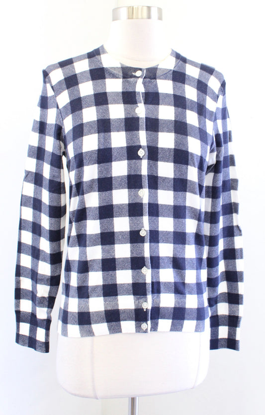 NWT J Crew Jackie Navy Blue White Gingham Plaid Cardigan Sweater Size M