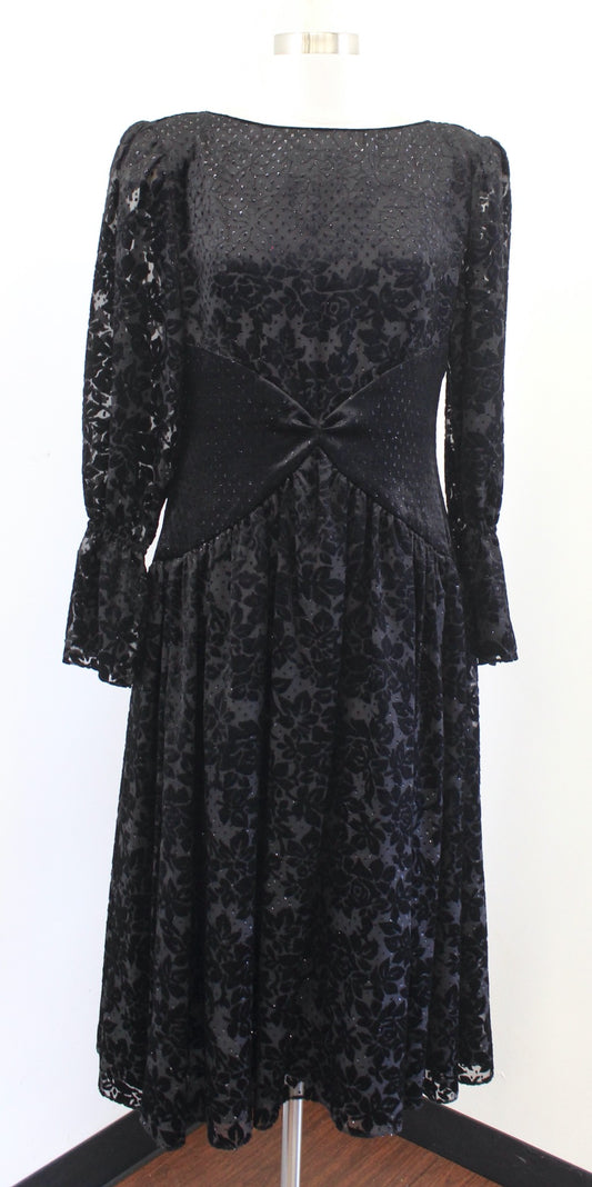 Vtg 80s Hanae Mori Black Floral Burnout Velvet Metallic Dress sz 12 Party Retro