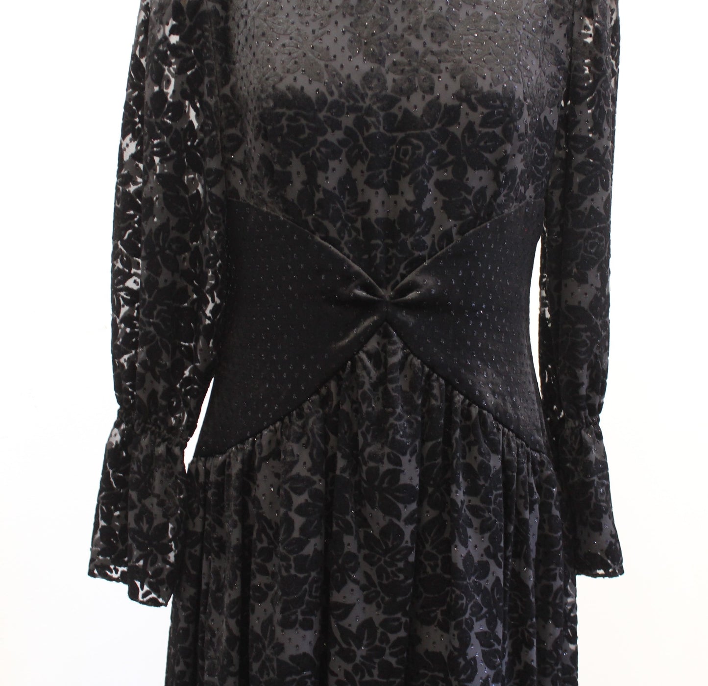 Vtg 80s Hanae Mori Black Floral Burnout Velvet Metallic Dress sz 12 Party Retro