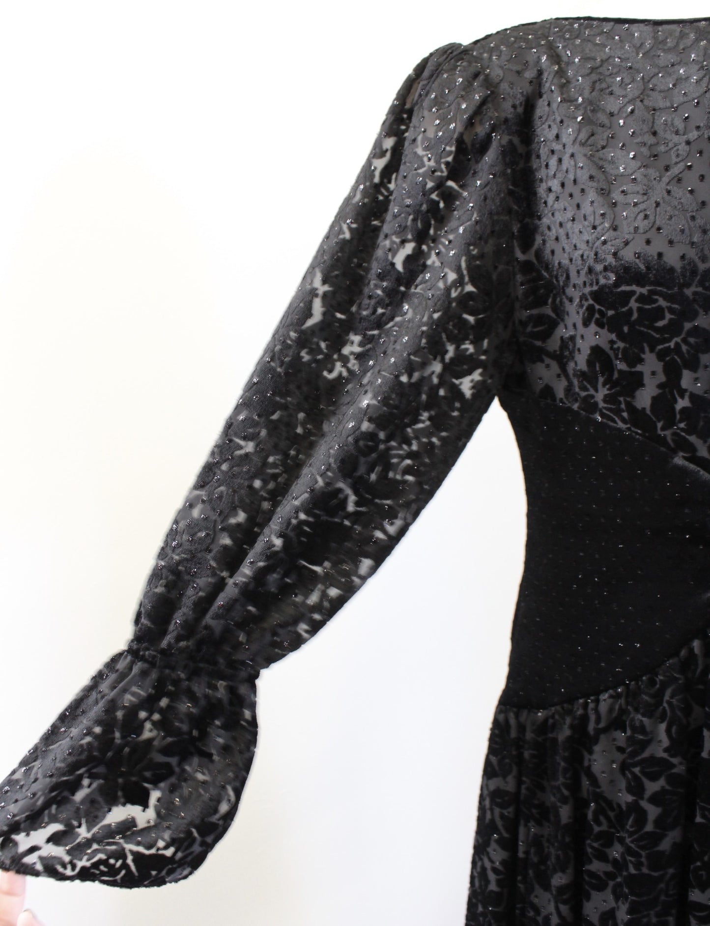 Vtg 80s Hanae Mori Black Floral Burnout Velvet Metallic Dress sz 12 Party Retro