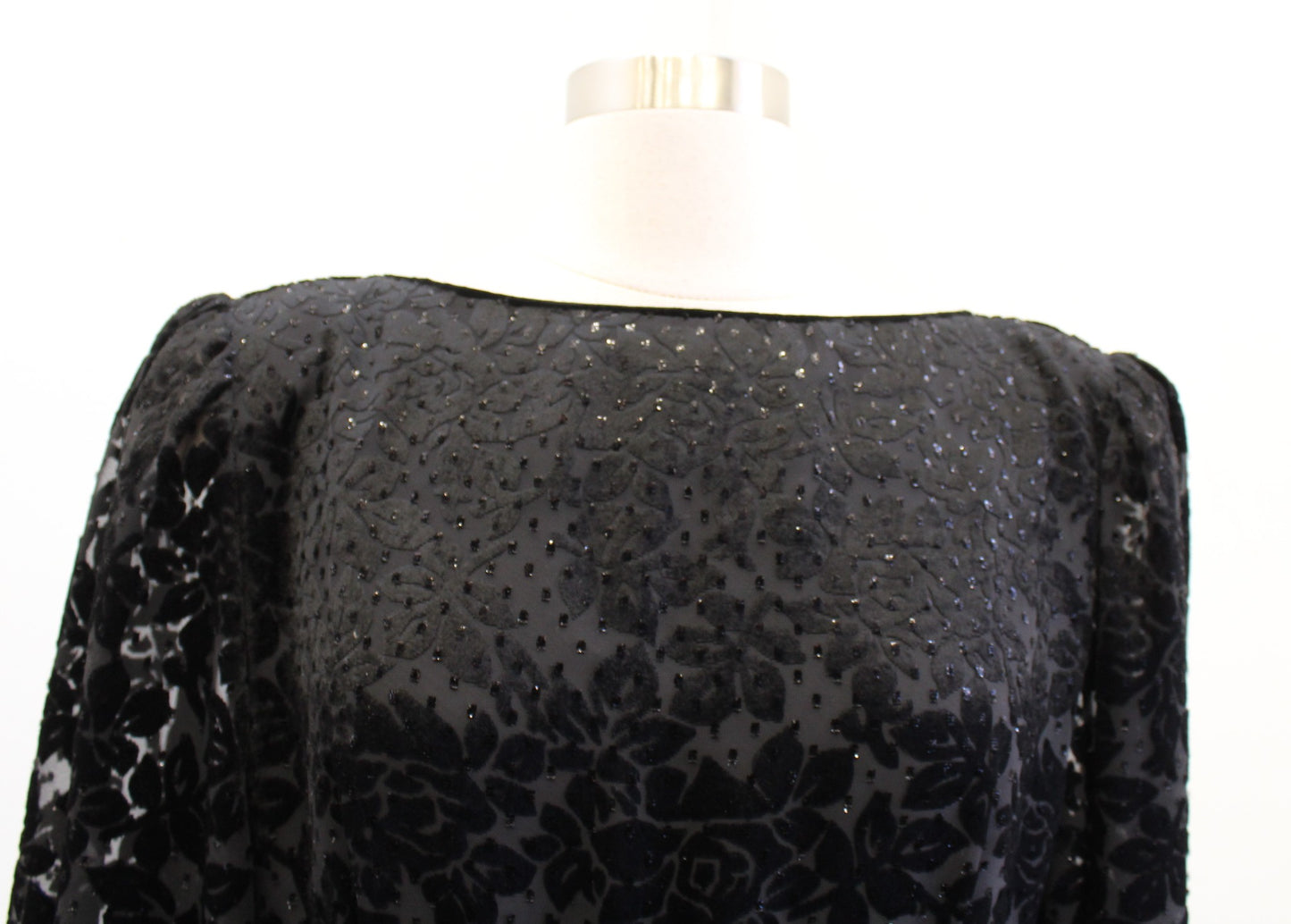 Vtg 80s Hanae Mori Black Floral Burnout Velvet Metallic Dress sz 12 Party Retro