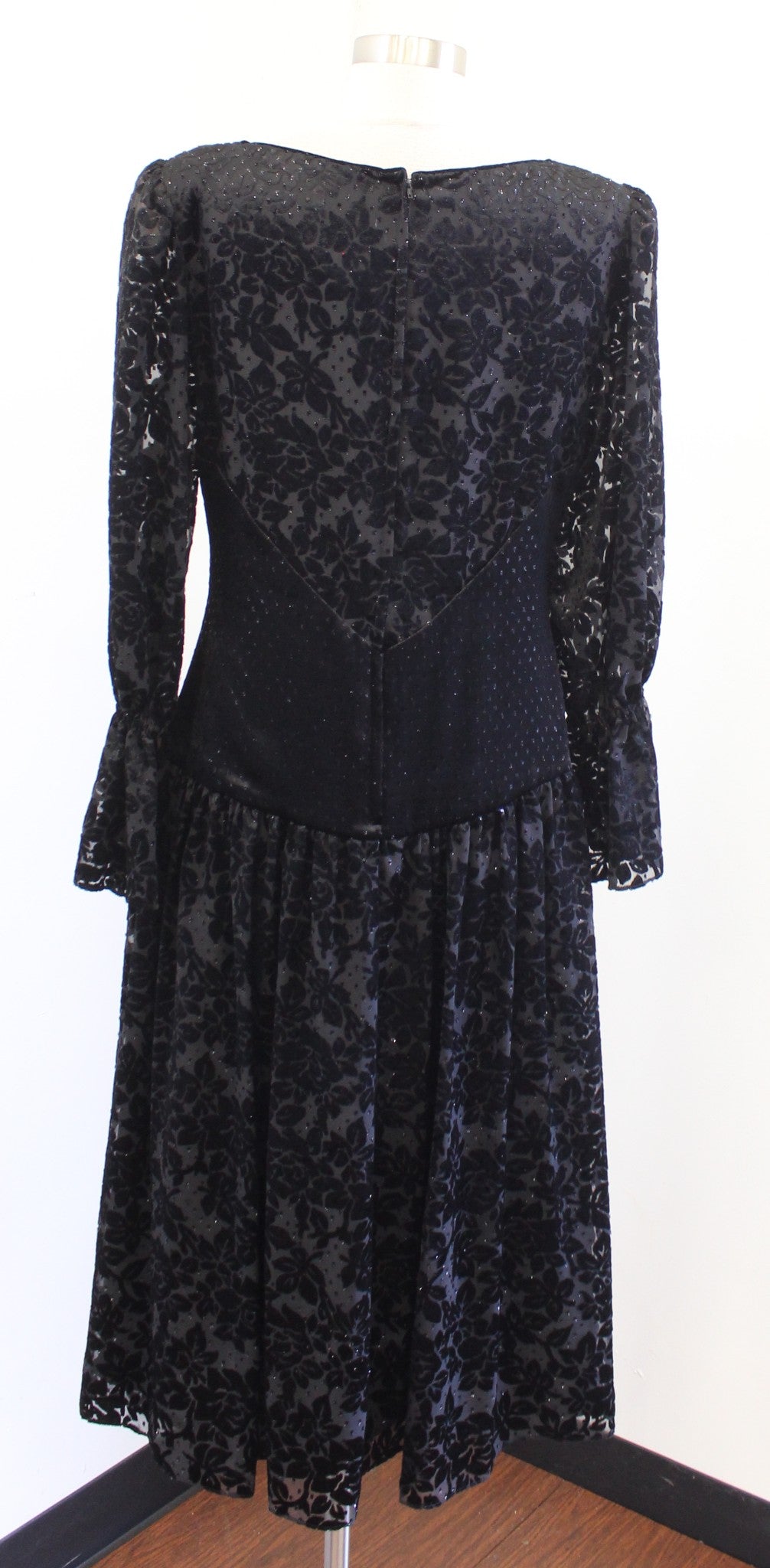 Vtg 80s Hanae Mori Black Floral Burnout Velvet Metallic Dress sz 12 Party Retro