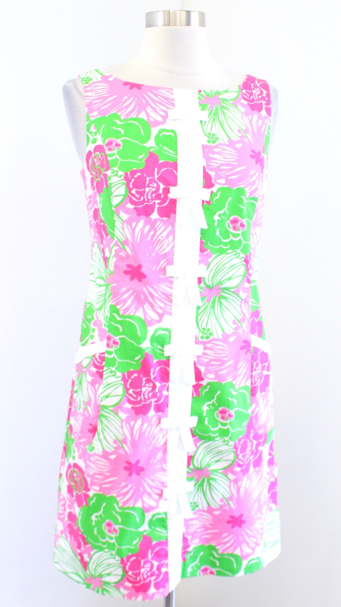 Lilly Pulitzer Pink Green White Bold Floral Print Bow Trim Shift Dress Size 2