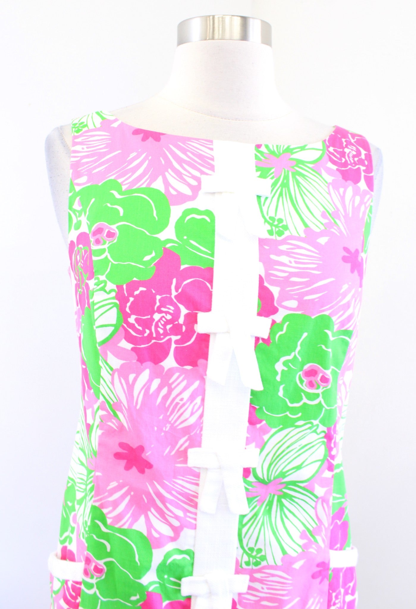 Lilly Pulitzer Pink Green White Bold Floral Print Bow Trim Shift Dress Size 2