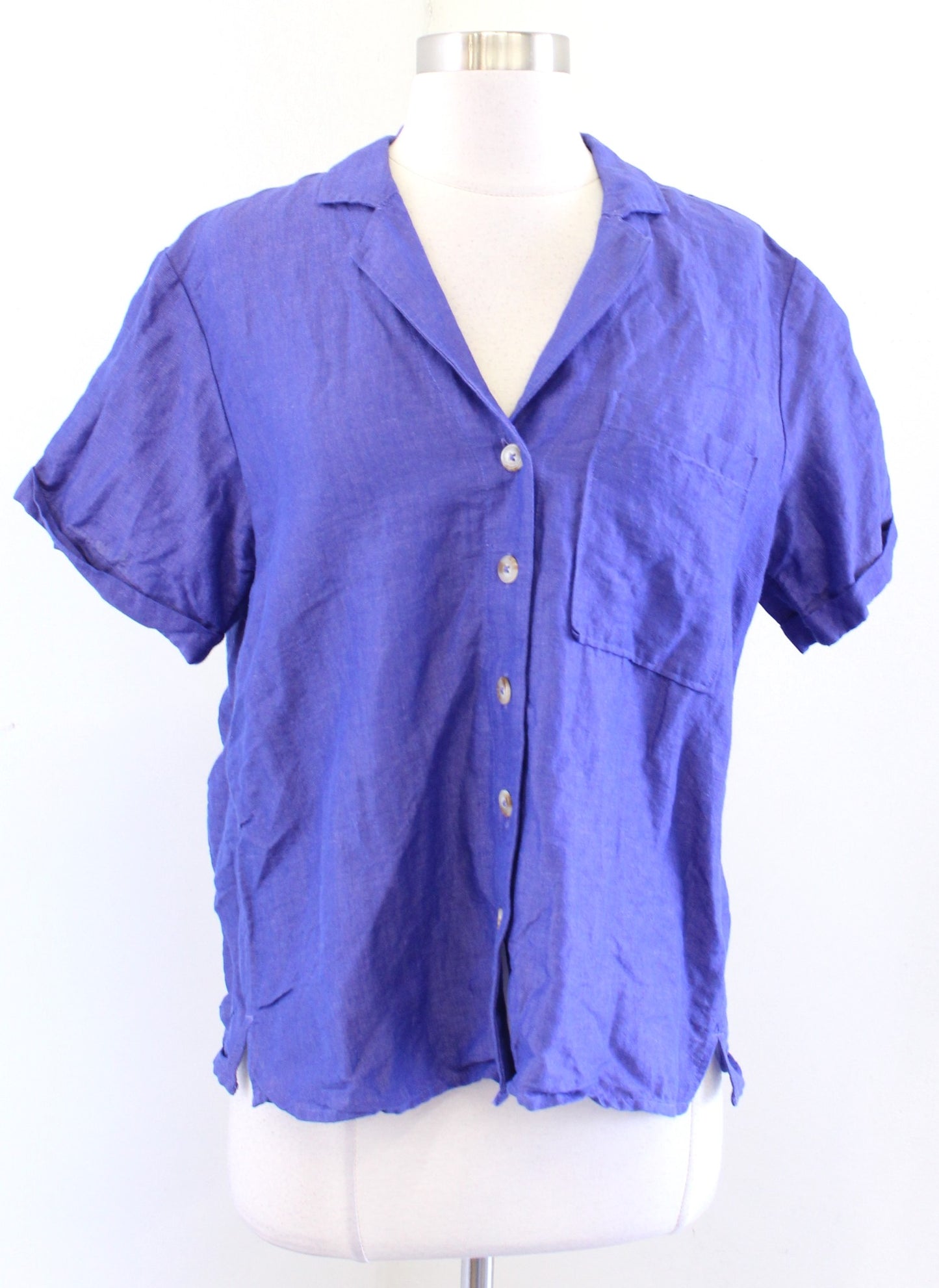 Maeve Anthropologie Purple Linen Blend Short Sleeve Button Down Shirt Blouse S